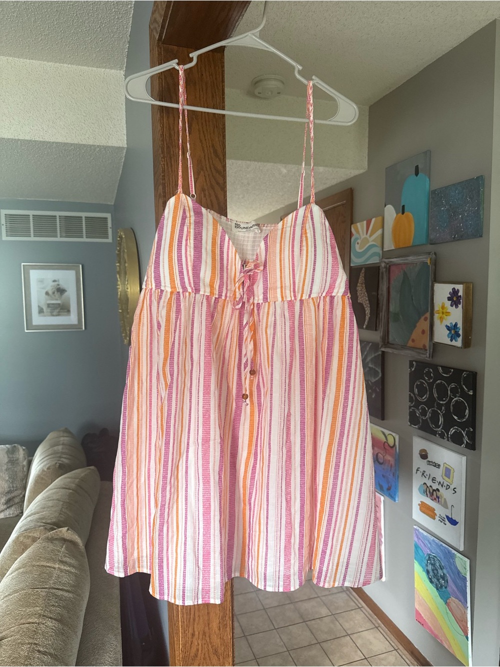 Pink, Orange & White Striped Spaghetti Strap Mini Dress